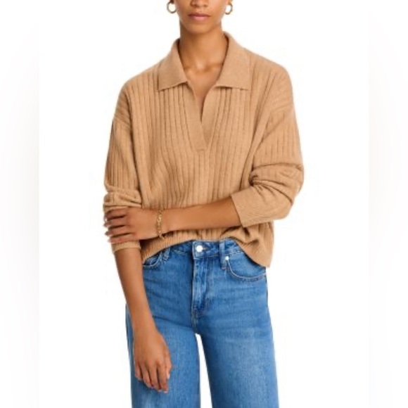 French Connection Tan V-Neck Sweater with Ribbed Knit - Picture 1 of 7